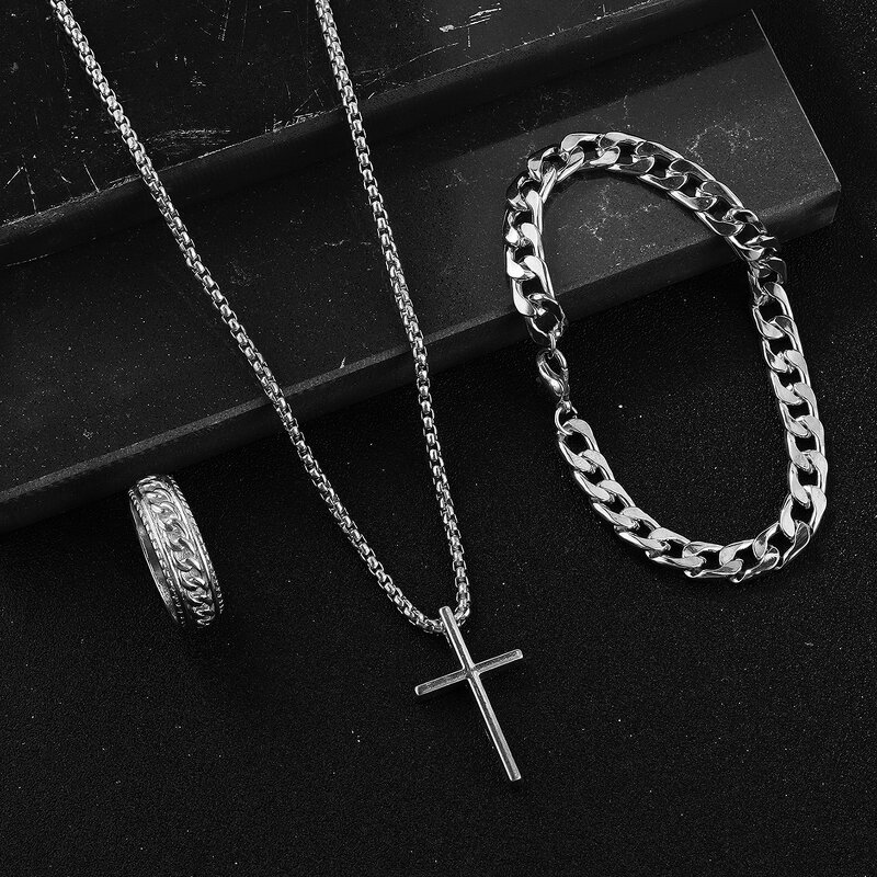 Hip Hop Chain Set for Men Manufacturer - 3 Piece Suit Cross Pendant Necklace Bracelet Ring in Stock