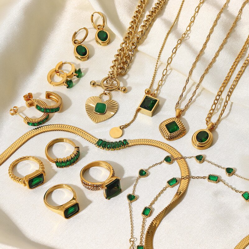 Vintage Party Jewelry Set Manufacturer - 18k Gold Plated Stainless Steel Necklace Earrings Green Emerald Cubic Zirconia