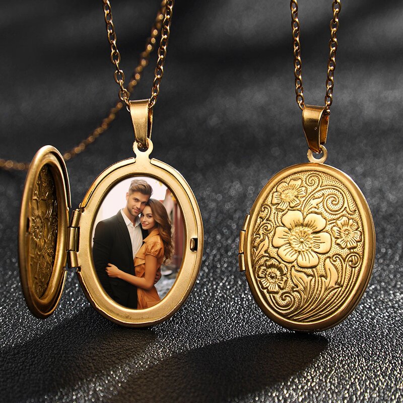 Stainless Steel Photo Frame Necklace Manufacturer - Golden Opened Oval Shape Box Customized Retro Pattern