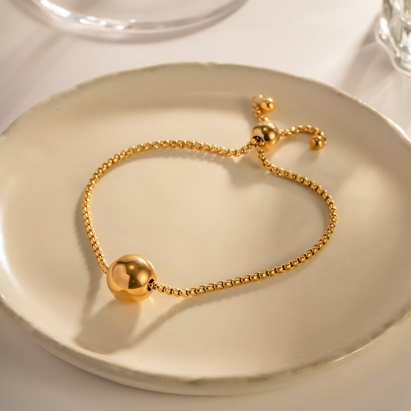Adjustable Stainless Steel Bracelet for Women Manufacturer - 18K Gold Plated Geometric Trendy Ball Pendant Box Chain