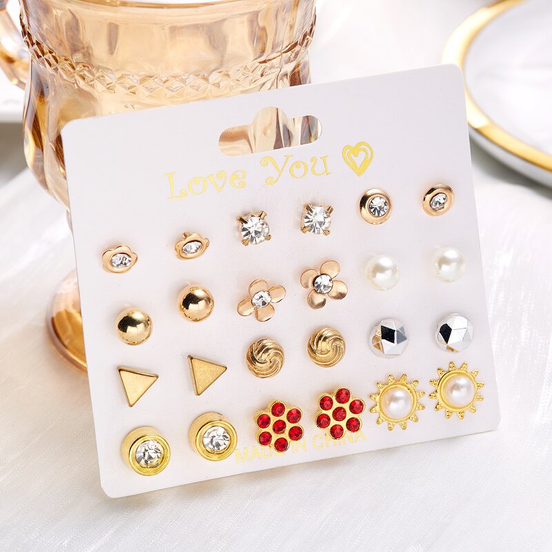 Stud Earring Set Manufacturer - 12 Pairs Flower Rhinestone Pearl for Girls & Women with Heart Strawberries