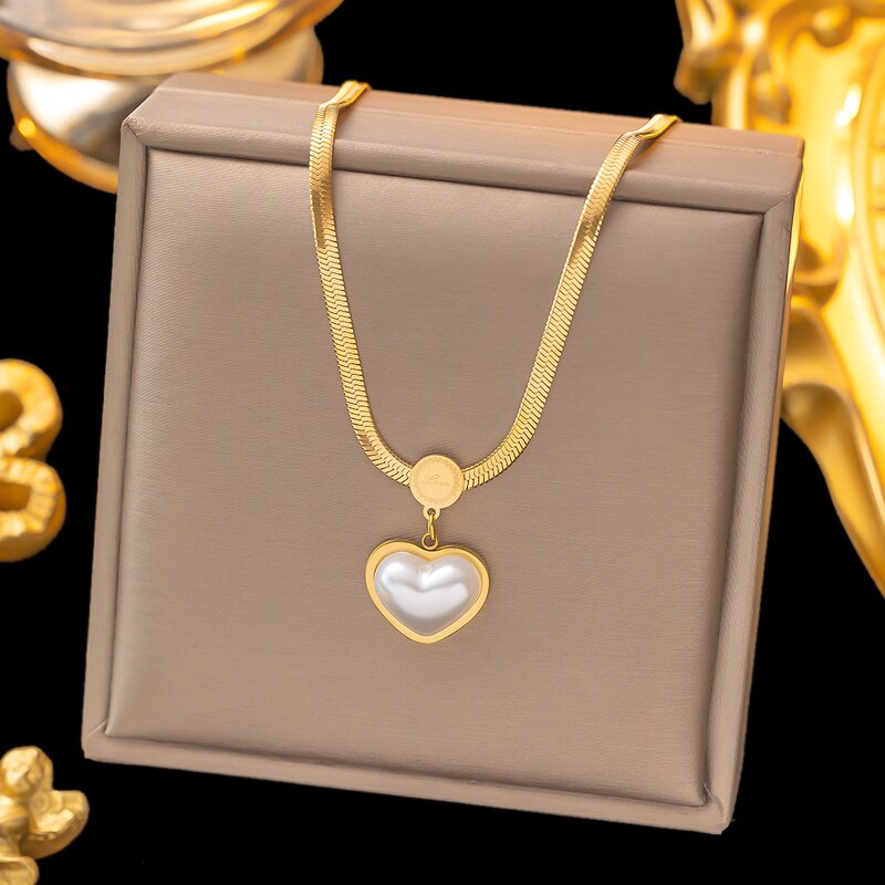 Jewelry Sets for Women Manufacturer - Waterproof 18K Gold Plated Stainless Steel Heart Pendant Flat Snake Chain