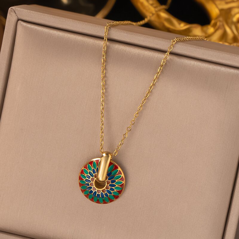 Women's Necklace Earrings Set Manufacturer - Vintage Colorful Oil Dropping Pattern Round Pendant Gold Plated