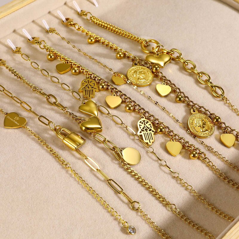 Bracelet for Women Manufacturer - Tarnish Free Gold Plated Cuban Chain Circle Lock Heart Stainless Steel Pendant