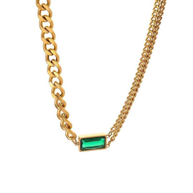 Gold Plated Jewelry Sets Manufacturer - Stainless Steel Chunky Chain Bracelet Necklace Earrings Green Zircon Waterproof