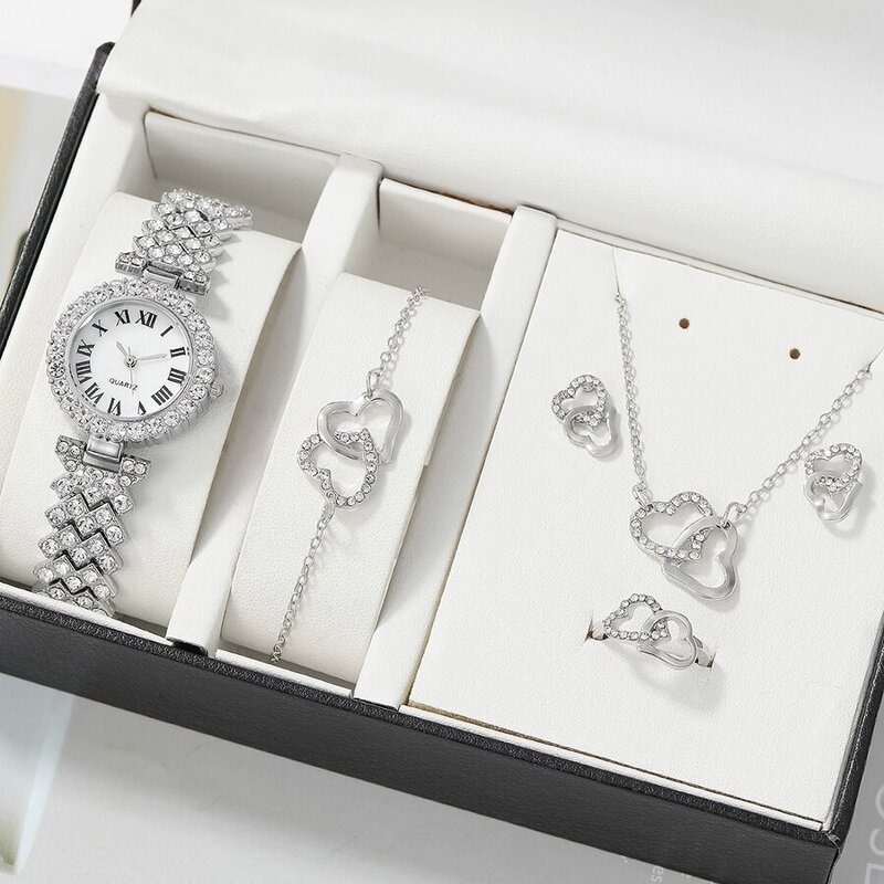 Women's Jewelry Set Manufacturer - 6pcs Quartz Watch Necklace Ring Earrings Rhinestone Set Without Box