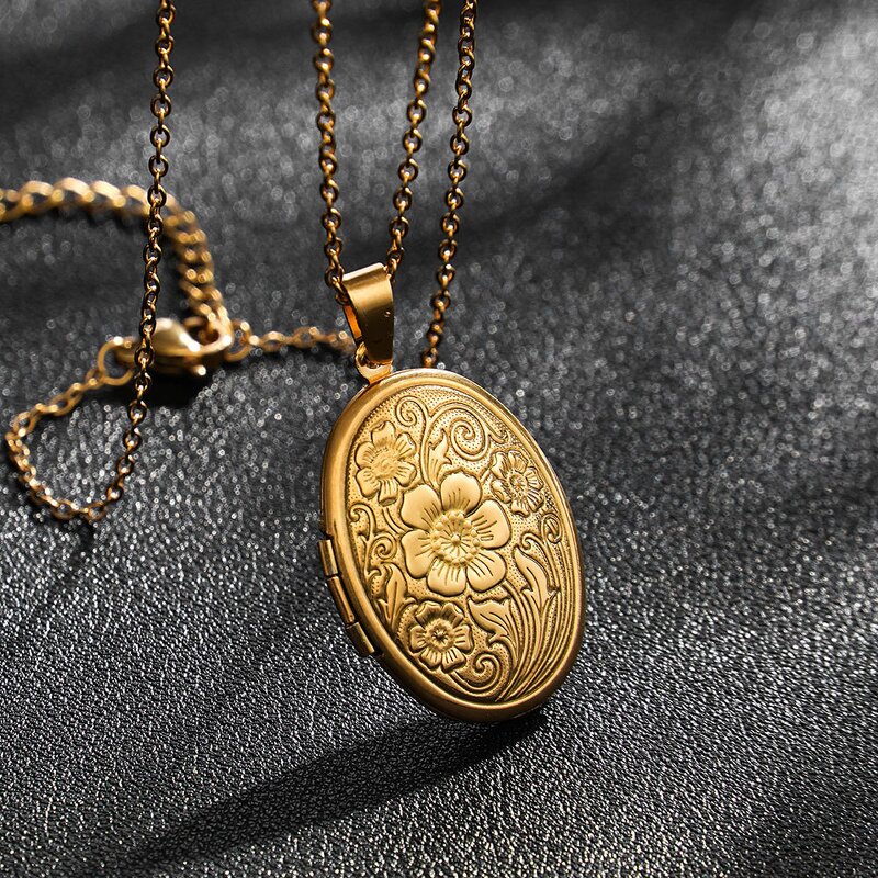 Stainless Steel Photo Frame Necklace Manufacturer - Golden Opened Oval Shape Box Customized Retro Pattern
