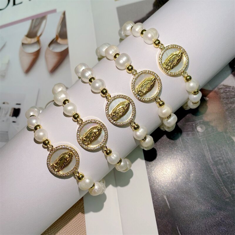 Rosary Bracelet Manufacturer - Freshwater Pearls & Diamond Virgin Mary Charms for Catholic Church Prayer Unisex Gift
