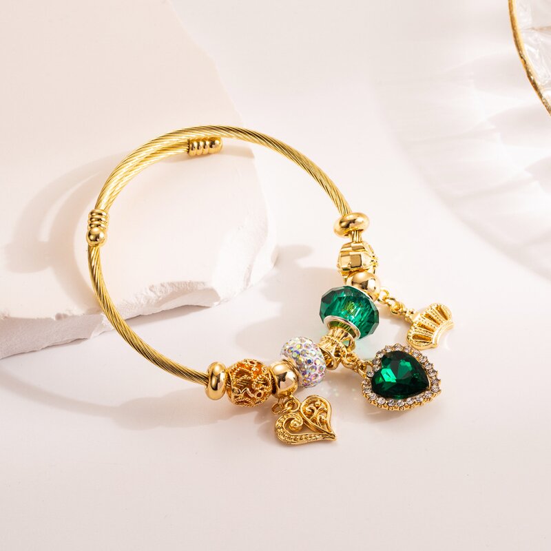 Stainless Steel Charm Bracelet Manufacturer - Custom Gold Crystal Adjustable Cuff Bangle for Girl