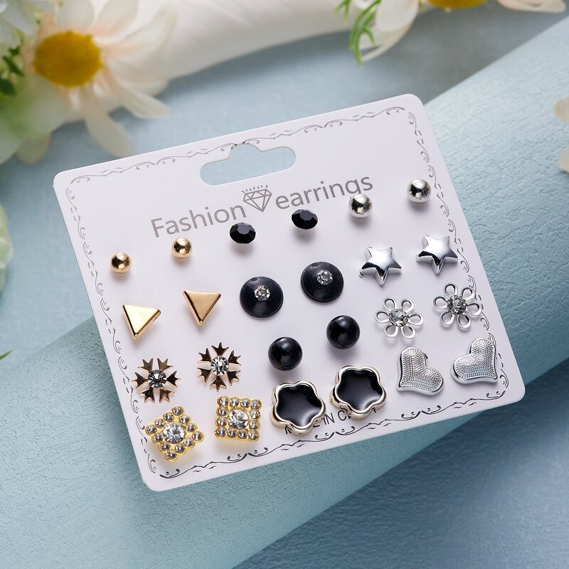 Stud Earring Set Manufacturer - 12 Pairs Flower Rhinestone Pearl for Girls & Women with Heart Strawberries