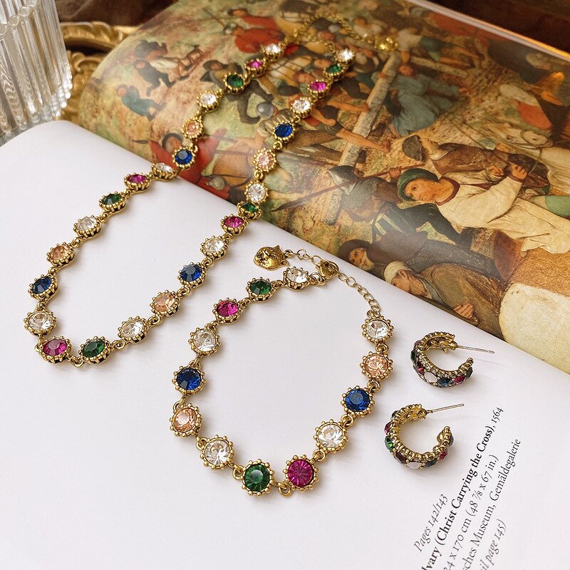 Vintage Charm Jewelry Set Manufacturer - Gold Plated Colorful Rhinestone Chain Necklace Bracelet Earrings
