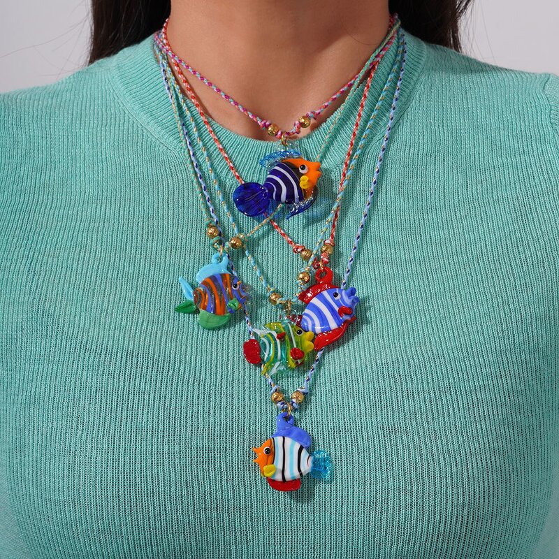 Fun Clown Fish Necklace for Women Manufacturer - Colorful Glass Fish with Ropes Woven
