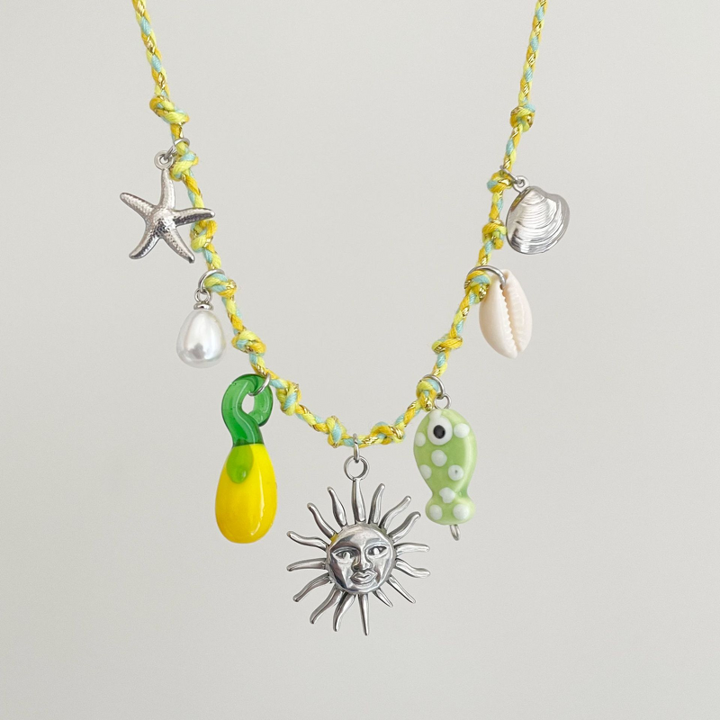 Summer Jewelry Necklace Manufacturer - Colorful Handmade Cotton Rope with Gold Plated Sea Starfish Pearl Heart Pendant