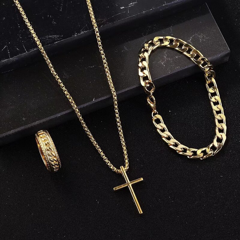 Hip Hop Chain Set for Men Manufacturer - 3 Piece Suit Cross Pendant Necklace Bracelet Ring in Stock