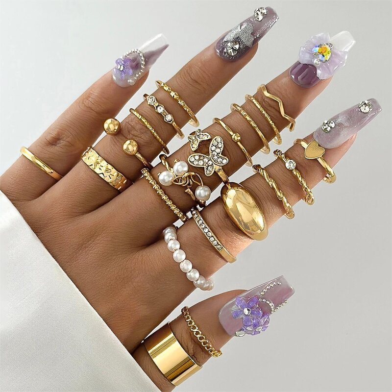 Ring Set for Women Manufacturer - Geometric Leaves Flowers Pearl Drip Oil Punk Diamond Crystal Open Finger Stackable