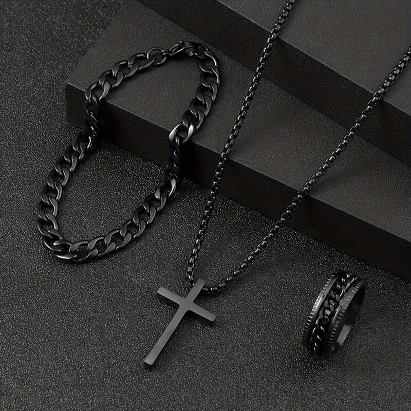 Hip Hop Chain Set for Men Manufacturer - 3 Piece Suit Cross Pendant Necklace Bracelet Ring in Stock