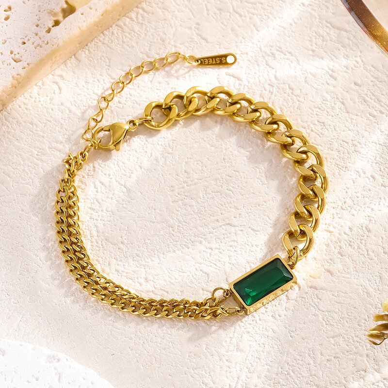 Gold Plated Jewelry Sets Manufacturer - Stainless Steel Chunky Chain Bracelet Necklace Earrings Green Zircon Waterproof