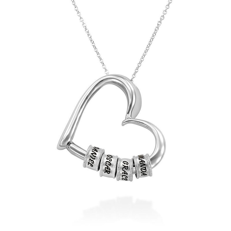 Stainless Steel Women's Necklace Manufacturer - Trendy Heart-Shape Beads with Customized Name Engraved Mother's Day Gift