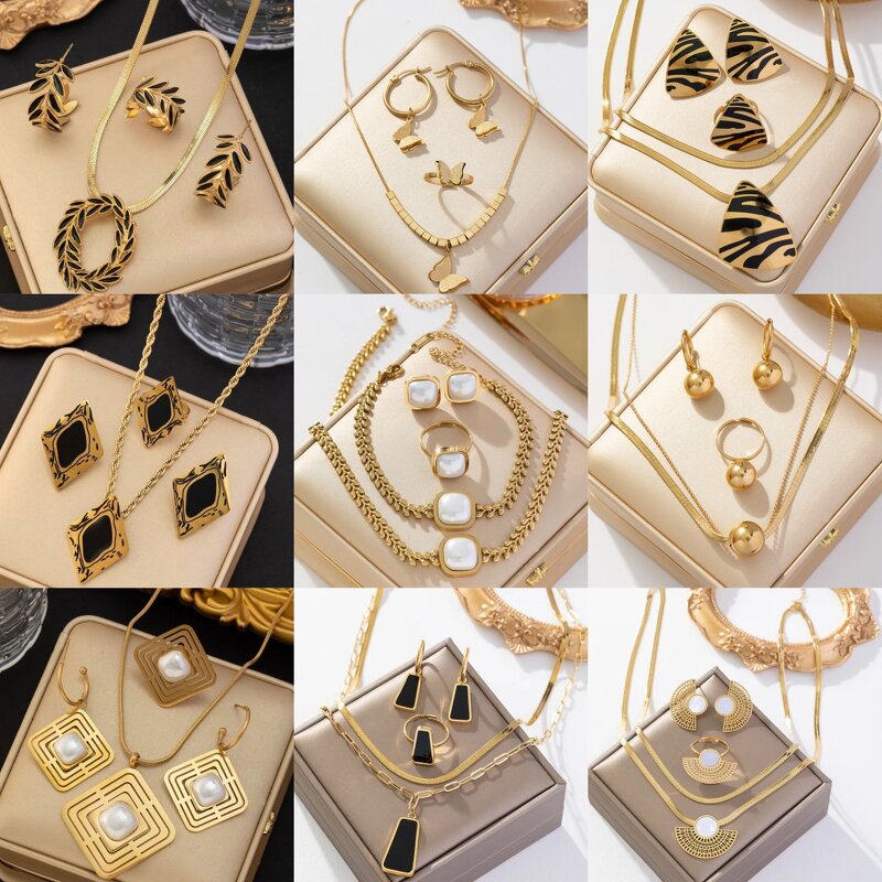 Stainless Steel Jewelry Set for Women Manufacturer - Layered 18k Gold Pearl Shell Zircon Heart Butterfly Pendant