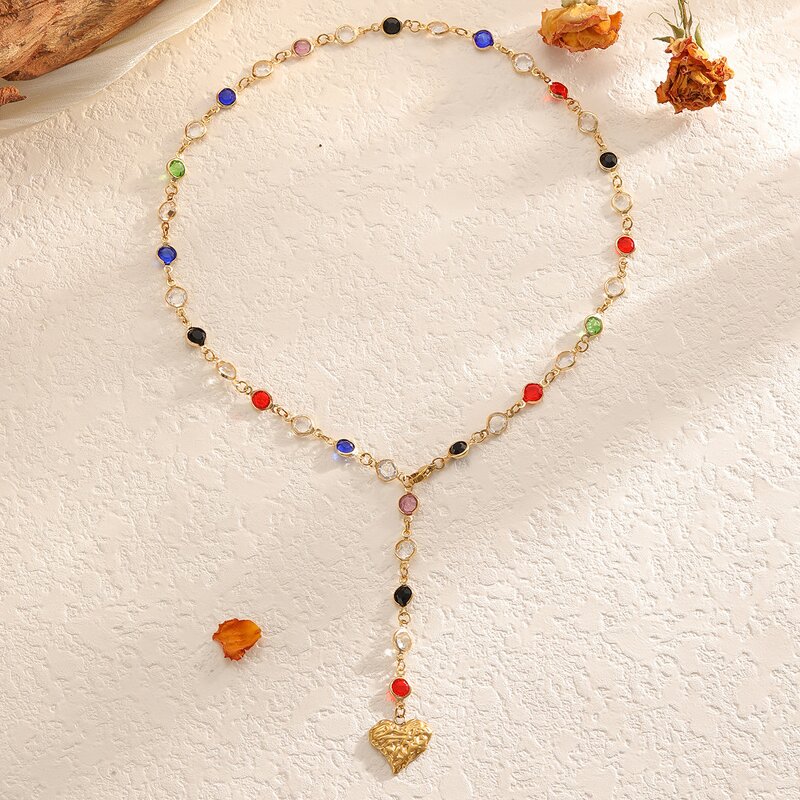 Stainless Steel Heart Necklace Manufacturer - 18K Gold Plated with Colorful Stones Bohemian Style Pendant Chain