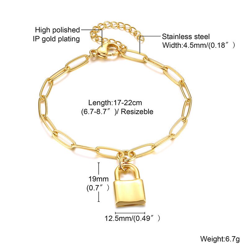 Bracelet for Women Manufacturer - Tarnish Free Gold Plated Cuban Chain Circle Lock Heart Stainless Steel Pendant