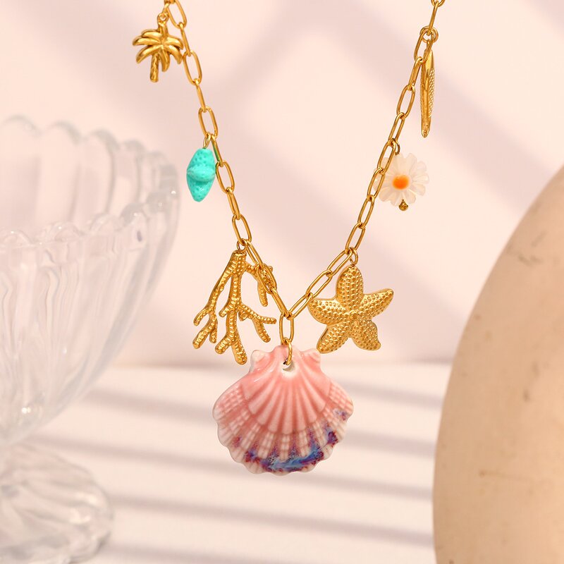 Paperclip Chain Necklace Manufacturer - Stainless Steel Golden with Scallop Pendant Fashion Temperament Ocean Series