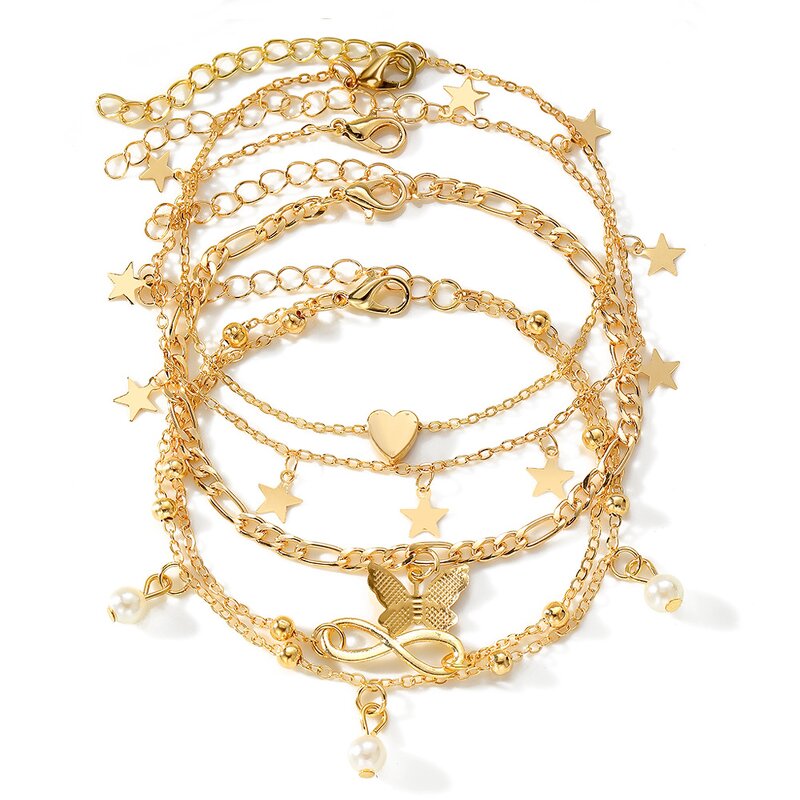 Lucky Leg Chain Set for Women Manufacturer - 5Pcs Butterfly Pearl Anklets Beach Gold Plated Simple Versatile