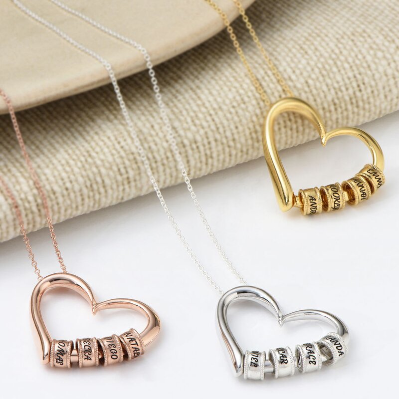 Stainless Steel Women's Necklace Manufacturer - Trendy Heart-Shape Beads with Customized Name Engraved Mother's Day Gift