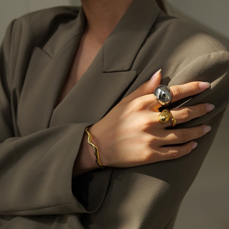 Rings Set Manufacturer - Gold Plated Chunky Glossy Stainless Steel Simple Irregular Textured