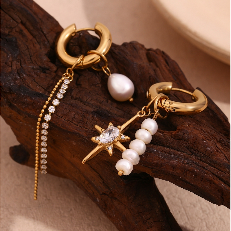 Asymmetric Hoop Earrings for Women Manufacturer - 18K Gold Stainless Steel with Diamond Pearl Zircon Heart-shaped Charm