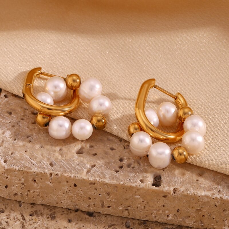 Gold Plated Hoop Earrings Manufacturer - Stainless Steel Pearl Beaded Flower U-Shaped for Party Gifts