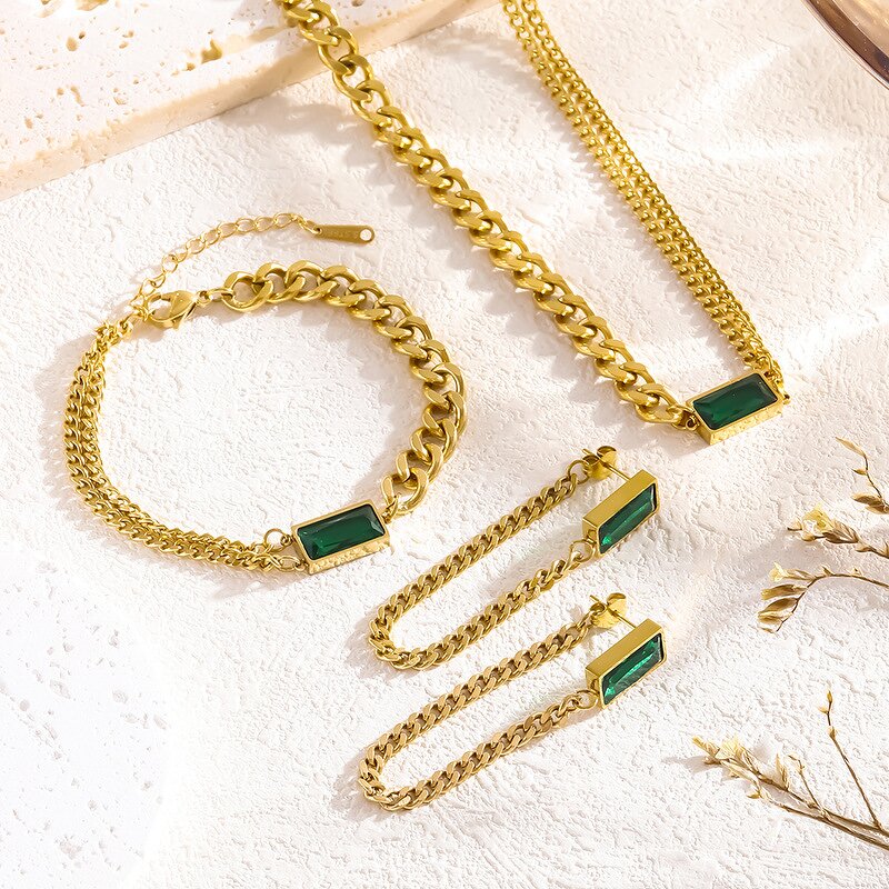 Gold Plated Jewelry Sets Manufacturer - Stainless Steel Chunky Chain Bracelet Necklace Earrings Green Zircon Waterproof