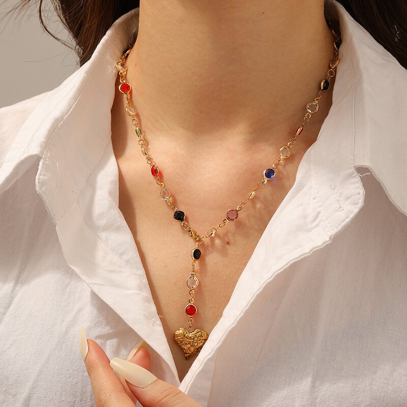 Stainless Steel Heart Necklace Manufacturer - 18K Gold Plated with Colorful Stones Bohemian Style Pendant Chain