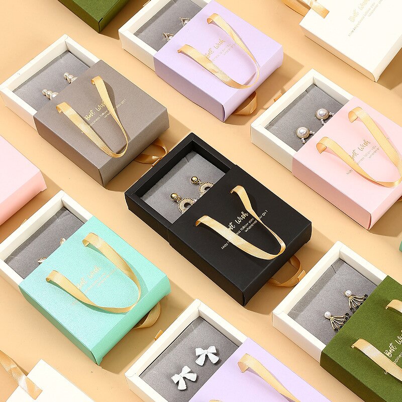 Jewelry Gift Packaging Box Manufacturer - Luxury Handle Drawer Cardboard for Necklace Rings with Bags Customized LOGO