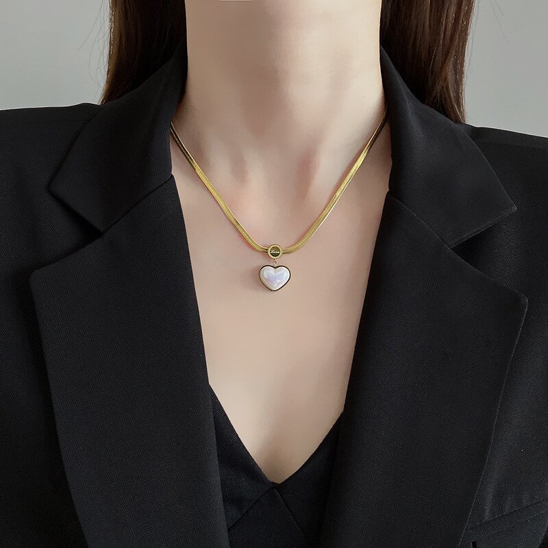 Jewelry Sets for Women Manufacturer - Waterproof 18K Gold Plated Stainless Steel Heart Pendant Flat Snake Chain