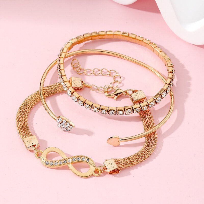 Bracelet Set for Women Manufacturer - 3Pcs Full Diamond Crystal Peach Heart Open Charm Multilayer Infinity