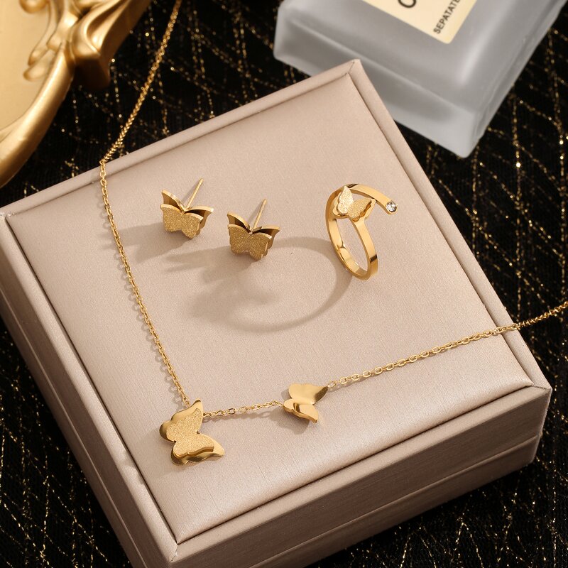 Stainless Steel Jewelry Sets for Women Manufacturer - 18K Gold Plated Frosted Butterfly Pendant Necklace Earrings Ring