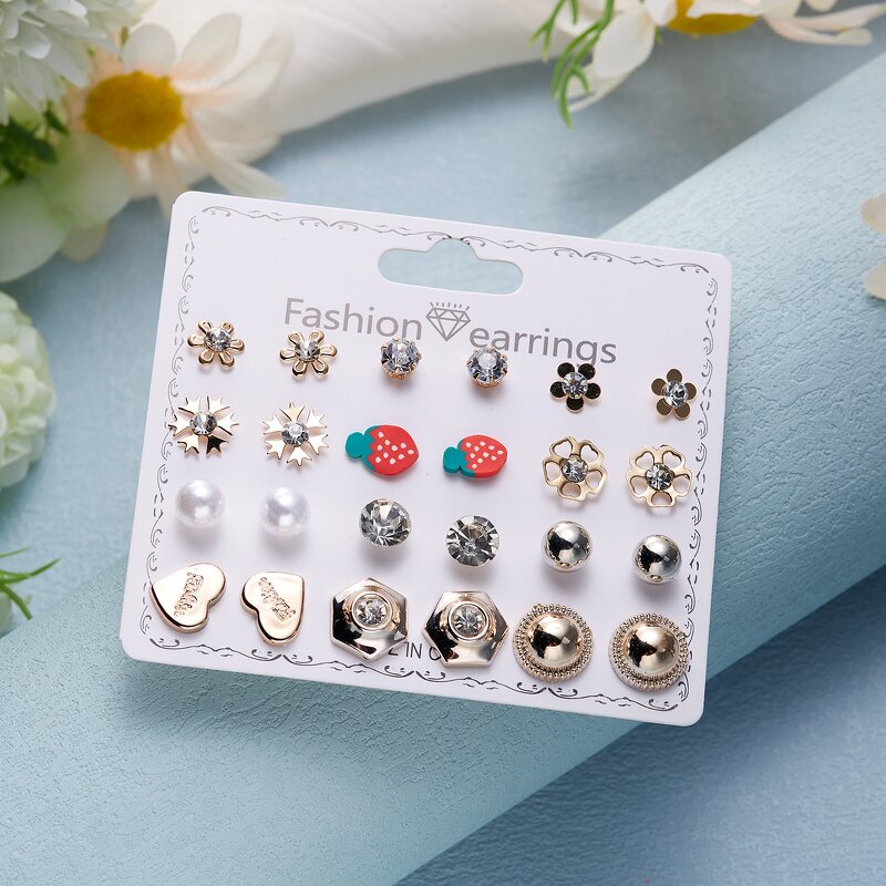 Stud Earring Set Manufacturer - 12 Pairs Flower Rhinestone Pearl for Girls & Women with Heart Strawberries