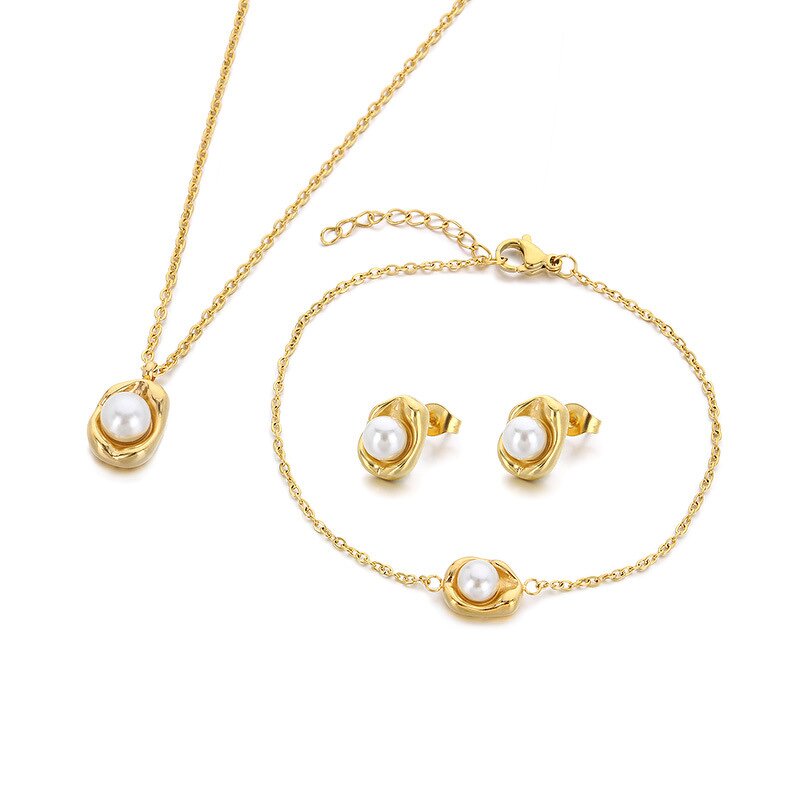 Pearl Drop Jewelry Set Manufacturer - High Quality Shell 18K Gold Plated Necklace & Earring Stainless Steel Gift Set