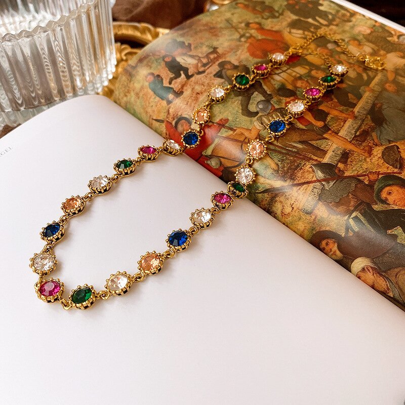 Vintage Charm Jewelry Set Manufacturer - Gold Plated Colorful Rhinestone Chain Necklace Bracelet Earrings
