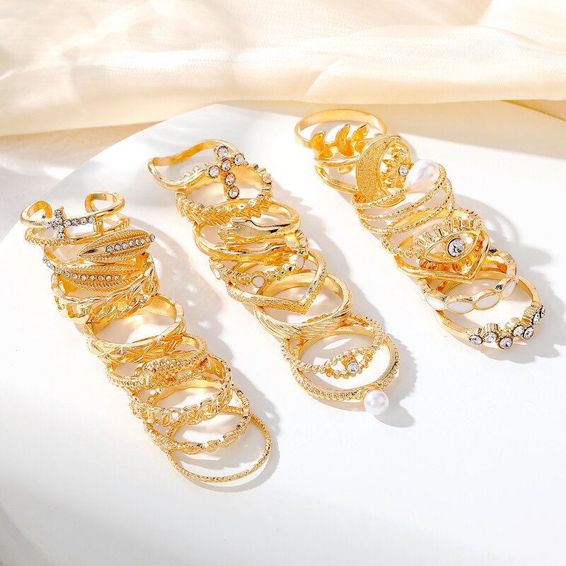 Women's Ring Set Manufacturer - 28pcs Crystal Flower Geometric Leaf Pearl Hollow Chain Stacking Open Finger