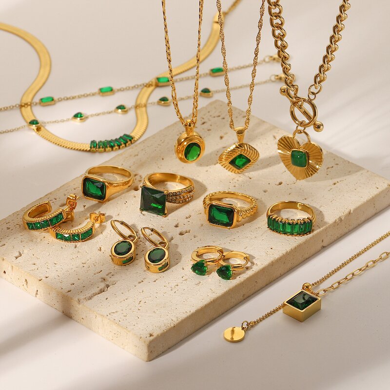 Vintage Party Jewelry Set Manufacturer - 18k Gold Plated Stainless Steel Necklace Earrings Green Emerald Cubic Zirconia