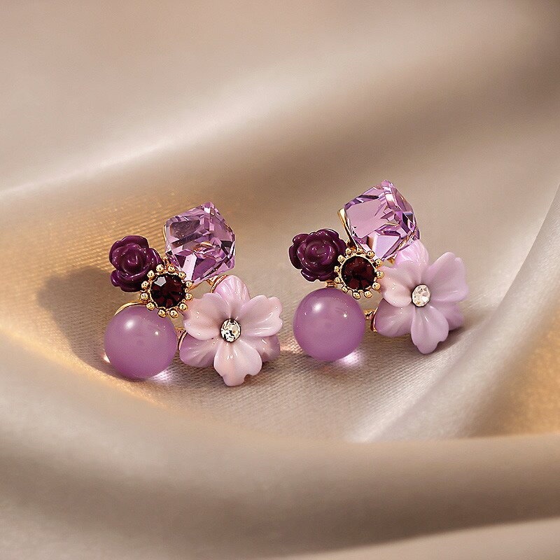 Stud Earrings for Women Manufacturer - Trendy Purple Zircon Flower S925 Silver Needle Sweet Accessories