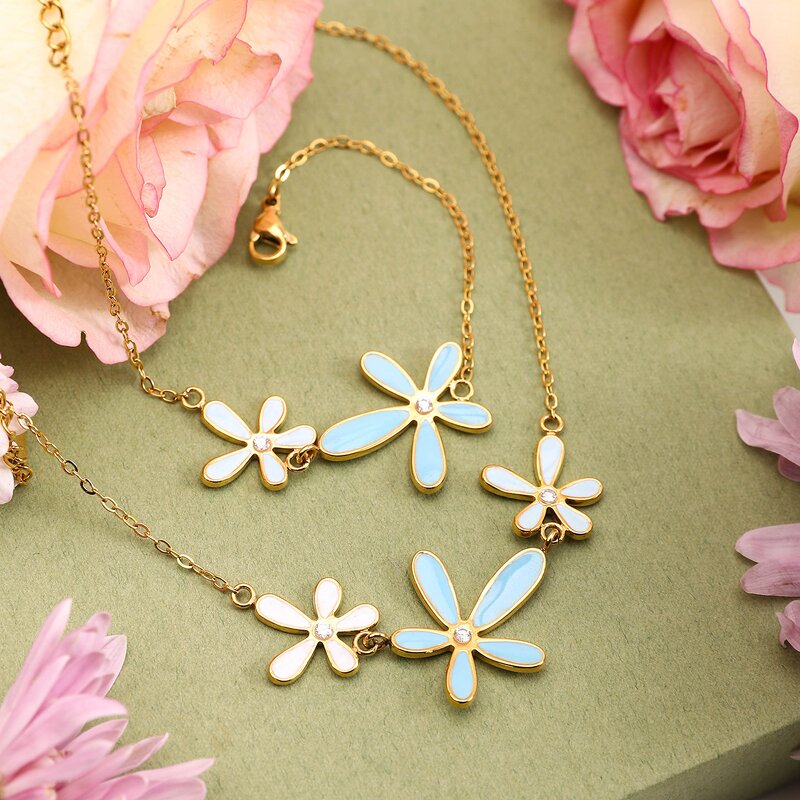 Stainless Steel Jewelry Set for Women Manufacturer - 18K PVD Gold Plated Tarnish-Free Oil Drip Flower Anniversary