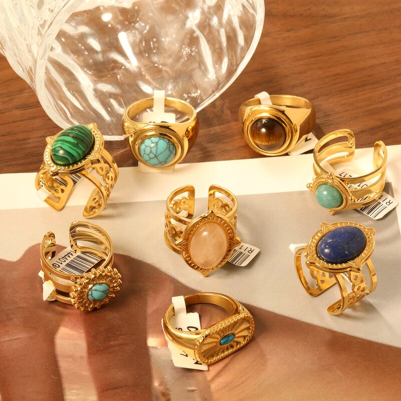 Turquoise Rings for Women Manufacturer - Chunky Waterproof 18K Gold Plated Stainless Steel Opal Vintage Gemstone