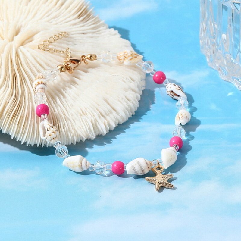 Sea Style Anklets Manufacturer - Gold Plated Handmade Seed Bead Star Conch Shell with Diamond Pearl Encrusted