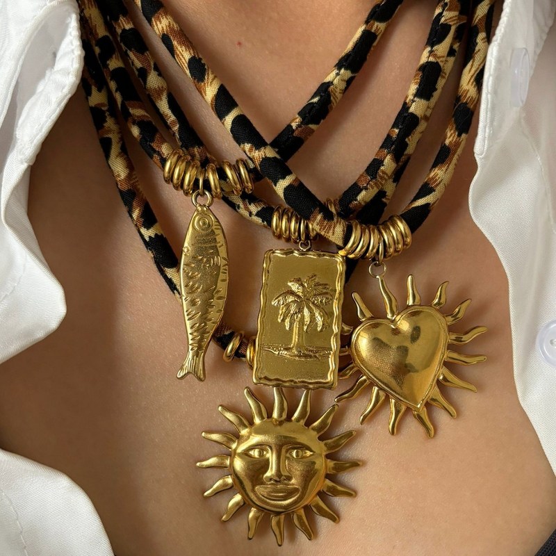 Fashion Necklaces Manufacturer - Leopard Print Nylon with Cold Single Big Sun Scallop Pendant Multi-Style