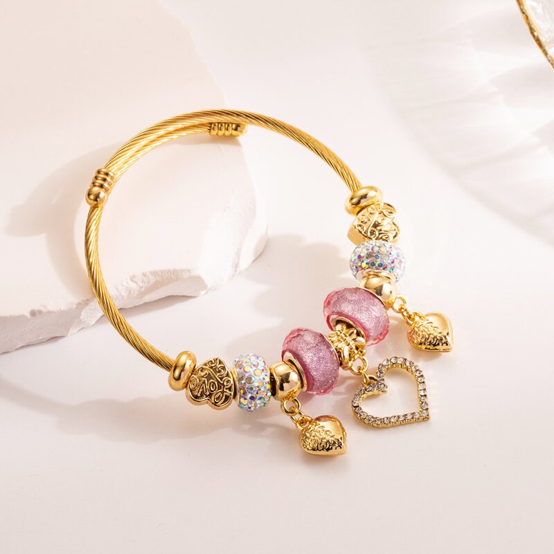 Stainless Steel Charm Bracelet Manufacturer - Custom Gold Crystal Adjustable Cuff Bangle for Girl