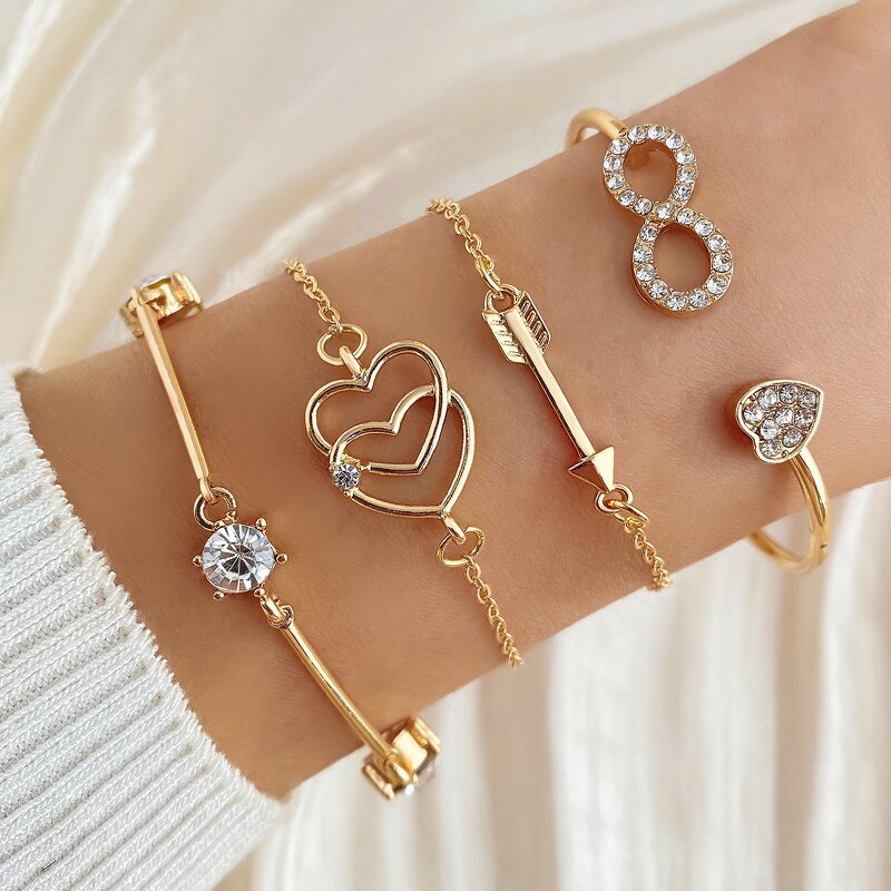 Tennis Chain Bracelet Set for Women Manufacturer - Alloy Punk Gold Plated Bangle with Pearl Heart Butterfly Pendant