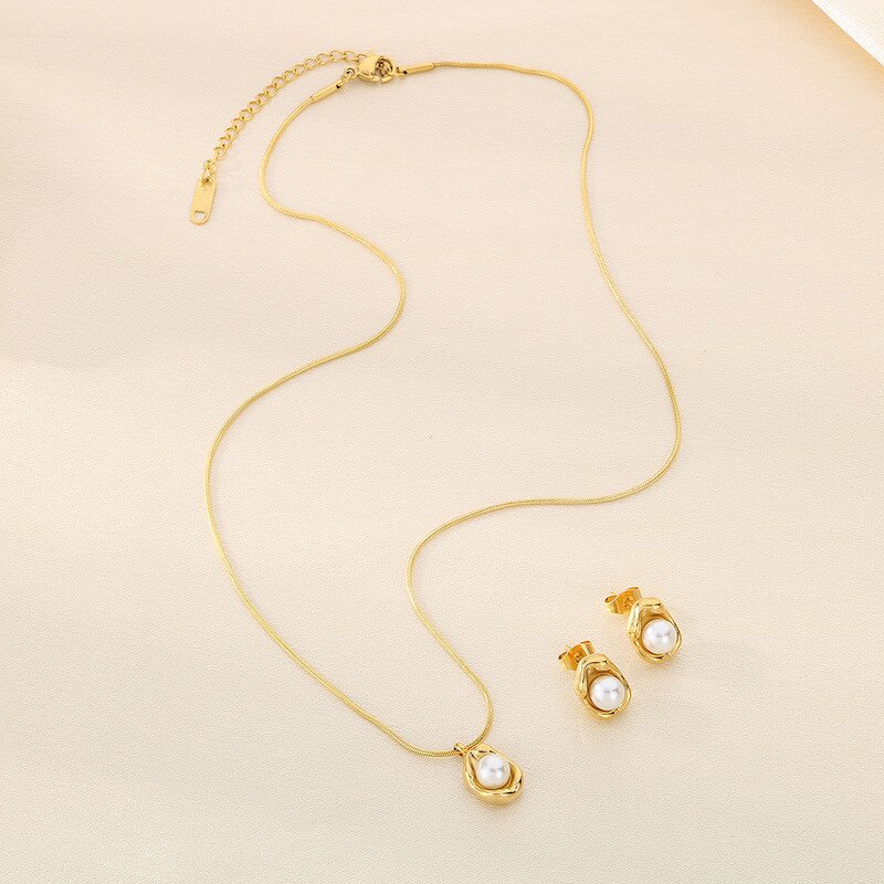Pearl Drop Jewelry Set Manufacturer - High Quality Shell 18K Gold Plated Necklace & Earring Stainless Steel Gift Set